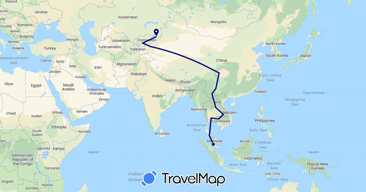 TravelMap itinerary: driving in China, Kyrgyzstan, Cambodia, Laos, Malaysia, Thailand (Asia)